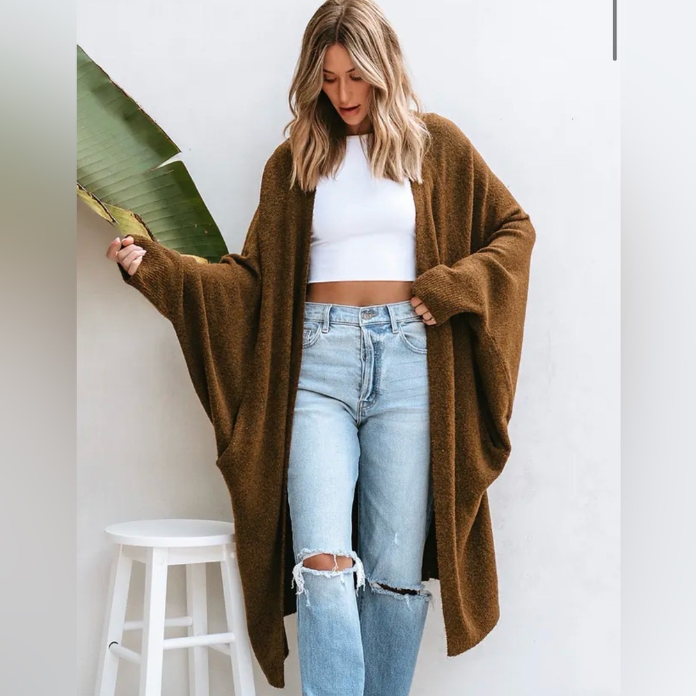 CUPSHE Tan Open Front Dolman Sleeve Duster Cardigan - boho festival coverup